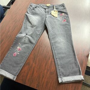 Democracy Gray Boyfriend Jeans with Pink Embroidery